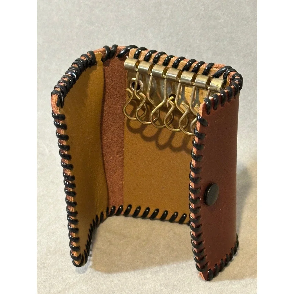 Vintage Brown Leather Key Case Organizer Whipstitch Snap Closure 6 Hooks Brown